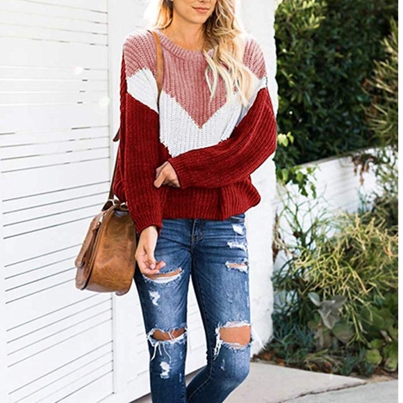 Vintage Red Oversized Crew Neck Color Block Chevron Knit Sweater